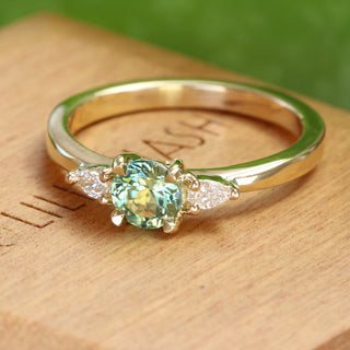 Custom Fair Trade Green Teal Sapphire & Pear Cut Diamond Trilogy Engagement Ring