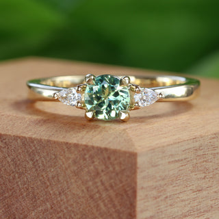 Custom Fair Trade Green Teal Sapphire & Pear Cut Diamond Trilogy Engagement Ring