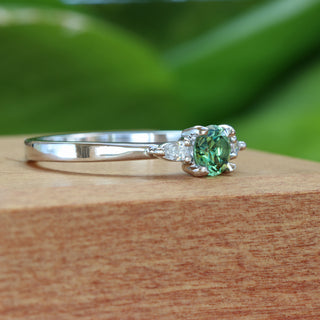 Pentillie Handmade Platinum Green Sapphire Trilogy Engagement Ring