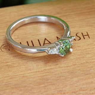 Pentillie Handmade Platinum Green Sapphire Trilogy Engagement Ring