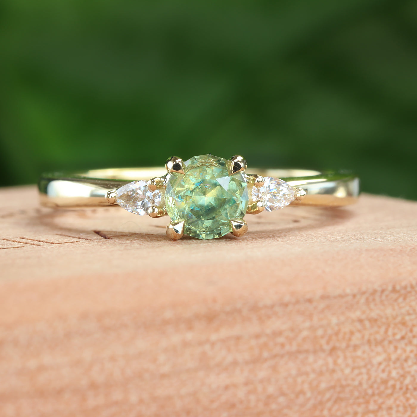 Green Sapphire & Diamond Trilogy Engagement Ring (Size L, Resized J to N)