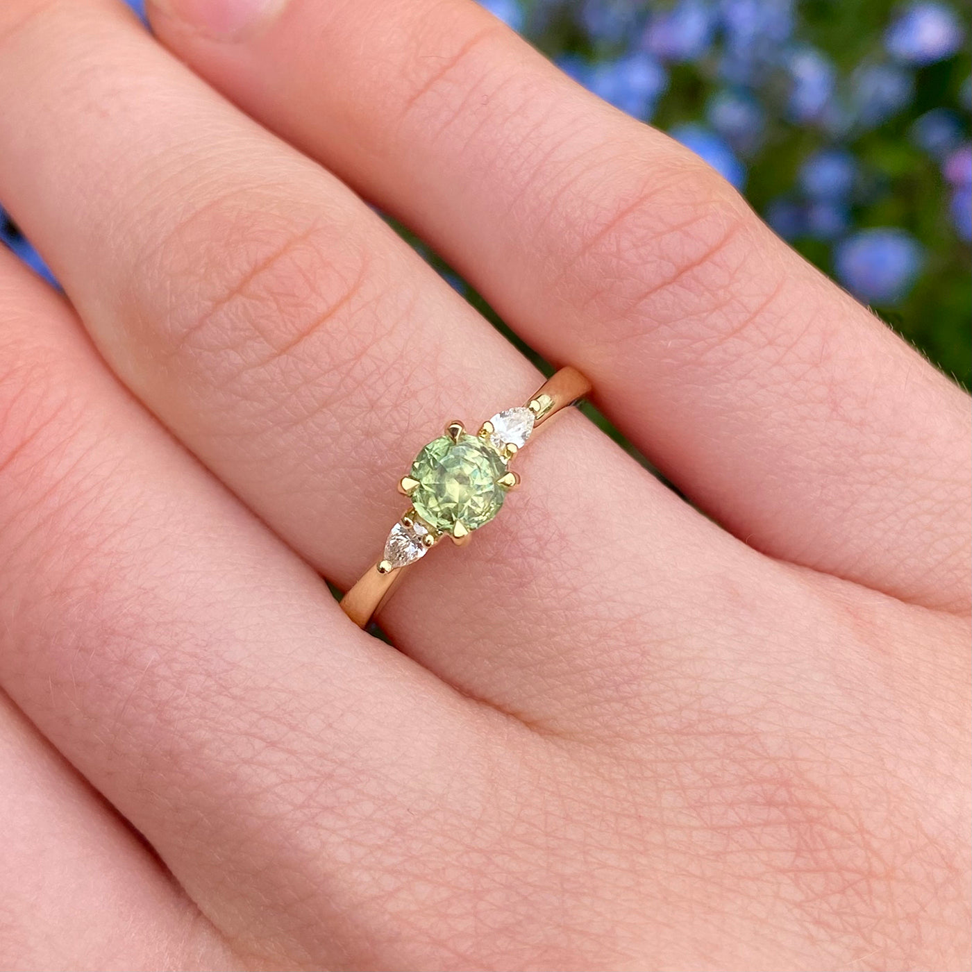 Green Sapphire & Diamond Trilogy Engagement Ring