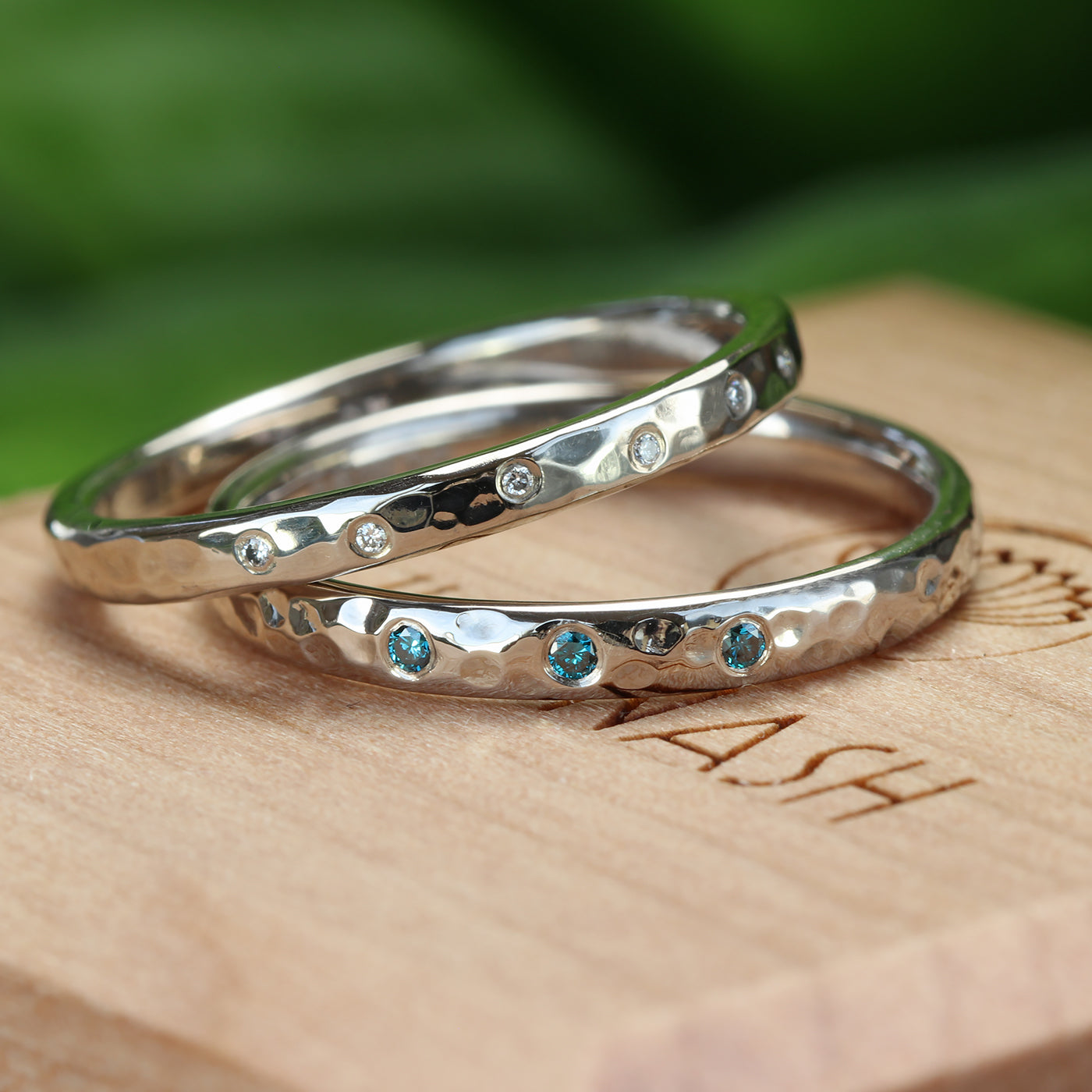 Platinum Hammered Blue Diamond Wedding Ring