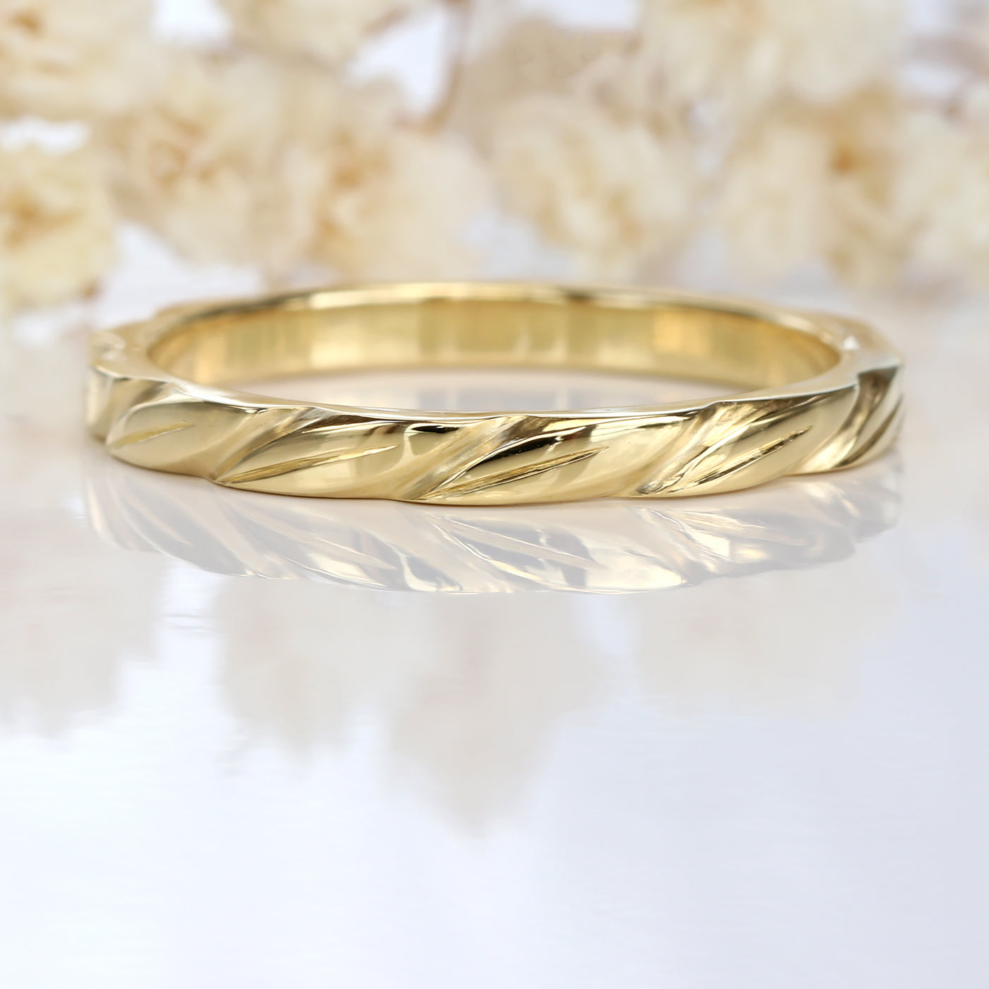 18ct Gold Slim Carved Leaves Wedding Ring