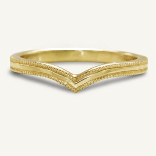 18ct gold wishbone wedding ring with a hand engraved milgrain border