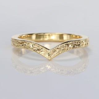 Handmade 18ct gold wishbone wedding band with floral orange blossom engraving