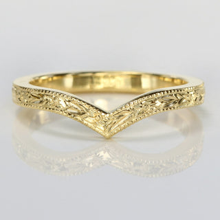 Handmade 18ct gold wishbone wedding band with floral orange blossom engraving