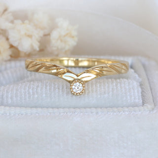 Handmade 18ct gold wishbone ring with engraved leaf design and Canadian diamond accent