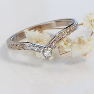 18ct White Gold Diamond Solitaire Wishbone Ring with Orange Blossom Engraving