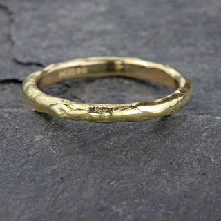 Molten texture 18ct yellow gold slim ladies wedding ring