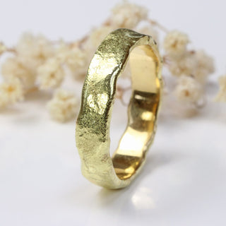 5mm wide wedding band, handmade from sustainable 18ct gold, with unusual molten finish