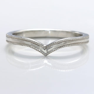 Platinum wishbone wedding ring with hand engraved milgrain border