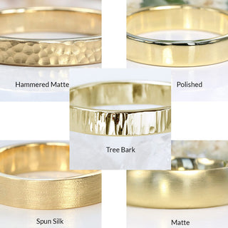 Finishes available on wedding rings - hammered matte, polished, tree bark, spun silk and matte finishes