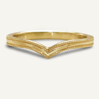 Solid 9ct gold wishbone wedding ring with a hand engraved milgrain border on the band