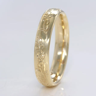 9ct gold hand engraved oak leaves 4mm court wedding ring for men