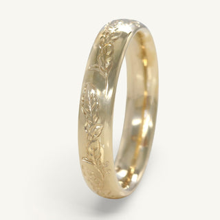 9ct gold hand engraved oak leaves 4mm court wedding ring for men