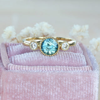 Bespoke Kerensa 18ct Gold Teal Sapphire & Diamond Trilogy Engagement Ring