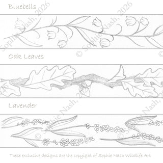 Original sketches of botanical engravings for wedding rings by Sophie Nash. ©Sophie Nash Wildlife Art, 2026