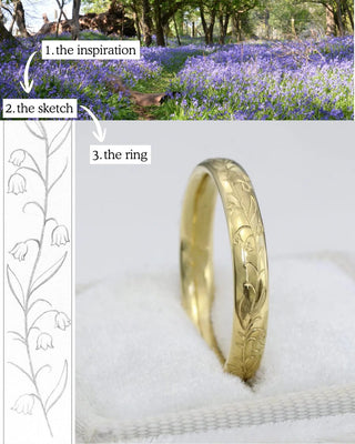 Inspiration behind the Lilia Nash hand engraved bluebells wedding ring, from flowers to sketch, to engraving.