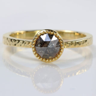 Handmade 18ct gold salt and pepper diamond solitaire ring with hammered band and milgrain bezel