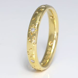 Sun, moon and stars celestial wedding or eternity ring. Handmade from solid 18ct gold and set with diamonds