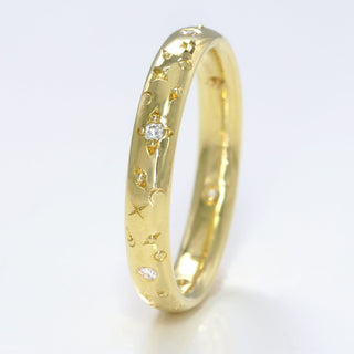 18ct gold Moon, Sun and Stars Celestial diamond wedding band in court profile