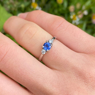 Custom Ceylon Sapphire and Diamond Trilogy Platinum Engagement Ring