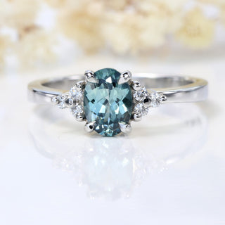 Custom Ennys Teal Sapphire & Diamond Cluster Platinum Engagement Ring