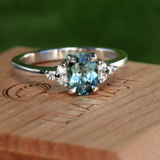 Custom Ennys Teal Sapphire & Diamond Cluster Platinum Engagement Ring