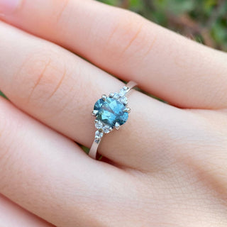 Custom Ennys Teal Sapphire & Diamond Cluster Platinum Engagement Ring