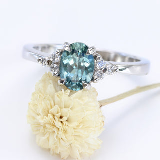 Custom Ennys Teal Sapphire & Diamond Cluster Platinum Engagement Ring
