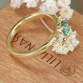 Custom Fair Trade Green Teal Sapphire & Pear Cut Diamond Trilogy Engagement Ring