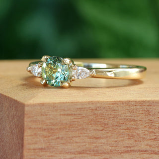 Custom Fair Trade Green Teal Sapphire & Pear Cut Diamond Trilogy Engagement Ring
