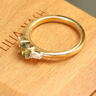 Custom Fair Trade Green Teal Sapphire & Pear Cut Diamond Trilogy Engagement Ring