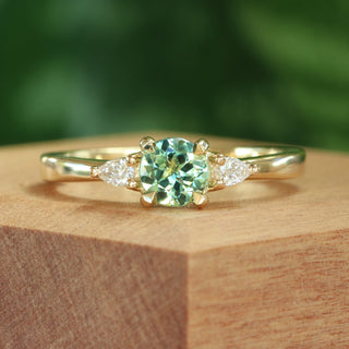 Custom Fair Trade Green Teal Sapphire & Pear Cut Diamond Trilogy Engagement Ring