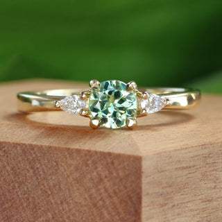 Custom Fair Trade Green Teal Sapphire & Pear Cut Diamond Trilogy Engagement Ring