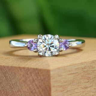 Custom Lab Diamond and Purple Sapphire Trilogy Ring