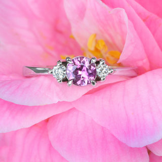 Custom Platinum Fuchsia Pink Sapphire and Diamond Trilogy Engagement Ring (Size N, Resize K - Q)