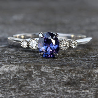 Custom Polperro Purple Sapphire & Diamond Cluster Platinum Engagement Ring