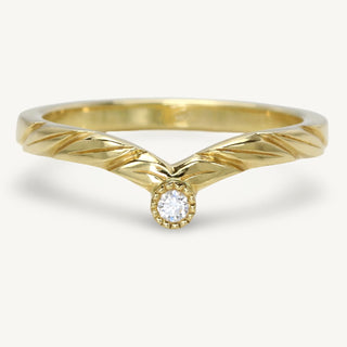 Diamond solitaire 18ct gold wishbone wedding ring with hand engraved leaves at the front