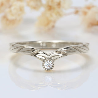 Diamond solitaire wishbone band, handmade from solid 950 platinum. The band has pretty hand engraved leaves at the front