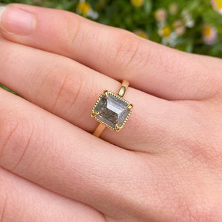 Emerald cut salt and pepper diamond engagement ring worn on hand outdoors.