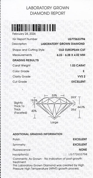 IGI certificate for old European cut lab grown diamond