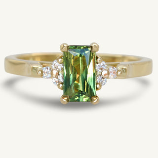 Handmade sustainable 18ct gold radiant cut Parti sapphire and diamond engagement ring
