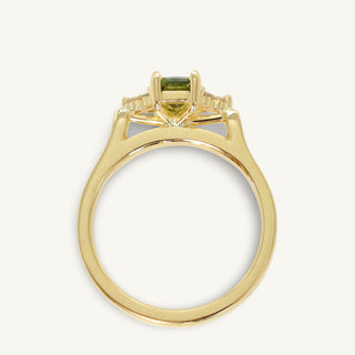 Top view showing Cathedral setting of 18ct gold radiant cut parti sapphire and diamond engagement ring
