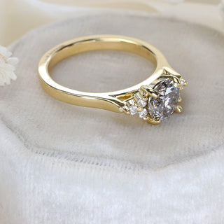 Side profile of handmade 18ct gold salt and pepper diamond cluster engagement ring.