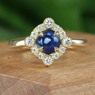 Golitha Handmade 18ct Gold Blue Sapphire and Diamond Halo Ring