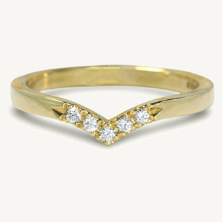 Handmade 18ct gold wishbone wedding band set with five pave diamonds at the front