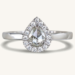 Handmade solid platinum salt and pepper diamond engagement ring with a halo of natural white diamonds