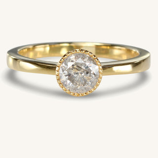 Handmade 18ct gold salt and pepper diamond solitaire ring with milgrain bezel